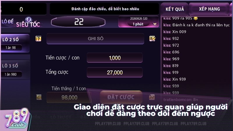 Giao diện đặt cược trực quan giúp người chơi dễ dàng theo dõi đếm ngược